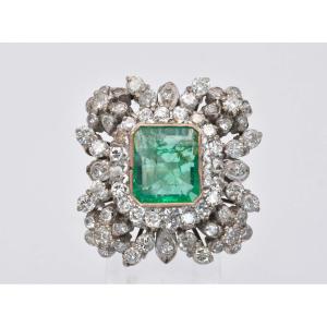 Vintage 18ct White Yellow Gold Emerald Diamond Cluster Ring 3.50ct Centre 2.10ct