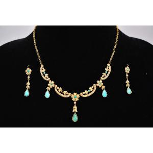 A Fine Antique Edwardian Gold Seed Pearl Festoon Necklace & Earring Suite C 1900
