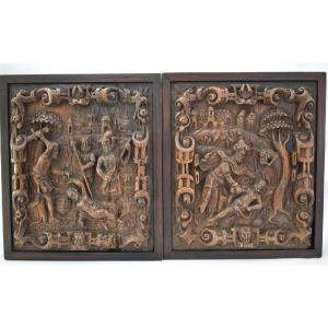 Pair Of Antique 16th/17th Century Flemish Relief Carved Oak Biblical Story Panel
