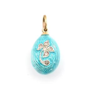 Antique Russian Silver & Diamond (0.08 Ct) Turquoise Enamel Egg Pendant