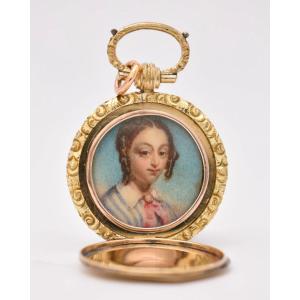 Antique Georgian Gold Portrait Miniature Pendant Locket Hand Painted Ca 1700’s
