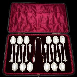 Sterling Silver Apostle Teaspoon Sugar Tongs Set Case Birmingham 1903 D&a 13pc