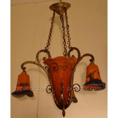 Paste Chandelier Glass Daum And Bronze, 3 Tulips