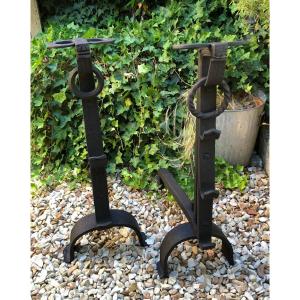 Pair Of Large Andirons / Landiers In Wrought Iron