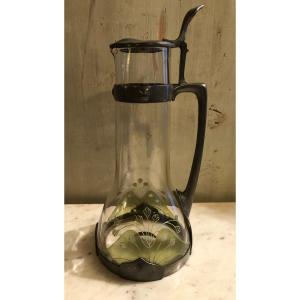 Art Nouveau Ewer In Enameled Glass With Pewter Mount