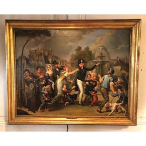 Oil On Canvas "arrest Of The Monkey Shower Place Du Château d'Eau In Paris" 19th Century