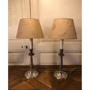 Pair Of Empire Lamps Candlesticks In Silver Bronze 19th Century