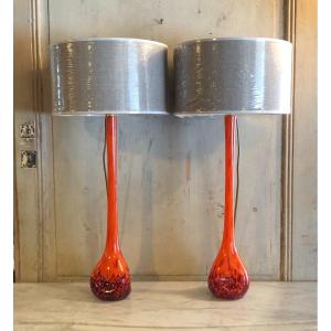 Pair Of Orange Glass Lamps Around 1970