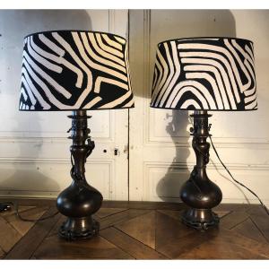 Pair Of “lizard” Lamps In Bronze With Brown Patina Napoleon III