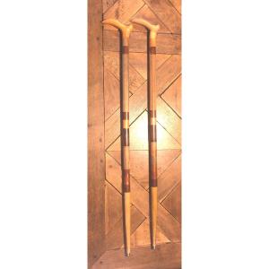 Pair Of Dismountable Canes In Inlaid And Stained Wood