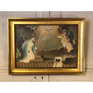 "the Annunciation" Embroidery On Painted Canvas 19th Century