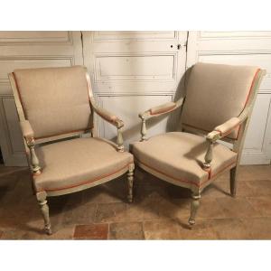 Pair Of Directoire Armchairs In Grey Lacquered Wood From The End Of The 18th Century