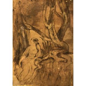 Wash "young Woman In The Woods" Boddington 19th Century