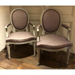Pair Of Louis XVI Medallion Armchairs In Cabriolet Style, 18th Century