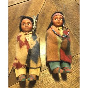 Two Small Native American Skookum Dolls Circa 1930