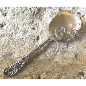 Serving Spoon With Openwork Handle In Silver, Minerva Hallmark 