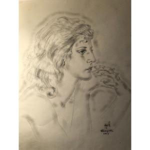 Drawing Profile Of Young Woman "jacqueline" Signed Foujita And Dated 1929