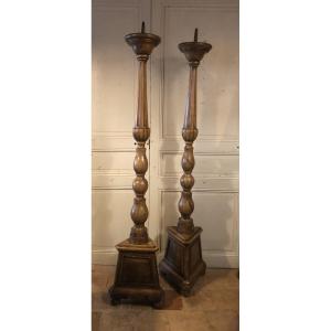 Pair Of Large Louis XVI Style Candlesticks In Fruit Wood H 177 Cm