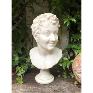 Bust Of A Faun In White Carrara Statuary Marble 
