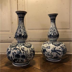 Pair Of Large White And Blue Delft Bottle Vases