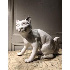 White Glazed Terracotta Cat Sitting 