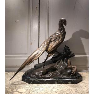 Bronze "pheasant And Weasel" By Jules Moigniez, H 53 Cm