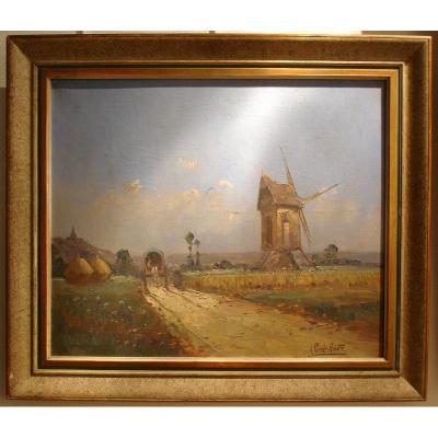 Oil On Canvas "wind Mill" Albert Hirtz