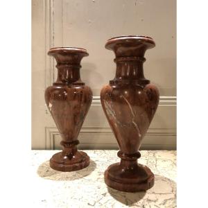 Pair Of Griotte Red Marble Vases In The Style Of Antiquity, 19th Century 