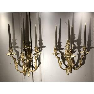 Pair Of Louis XV Style Gilt Bronze Wall Sconces With Four Lights 