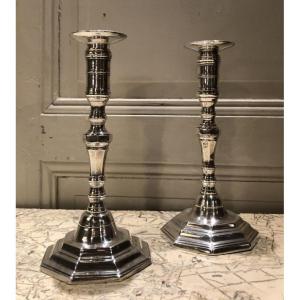Pair Of Louis XIV Silver-plated Metal Candlesticks, 18th Century 