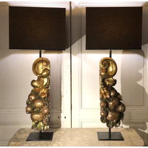 Pair Of Large Polychrome And Gilded Wooden Fruit Lamps, 18th Century 