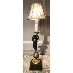 Empire Style Lamp With Angel In Gilt And Patinated Bronze, 19th Century 