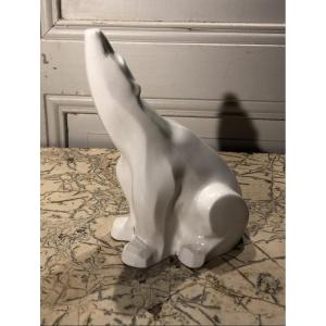Art Deco Seated Bear In The Style Of Pompon In White Porcelain