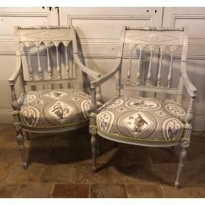 Pair Of Painted Wood Directoire Armchairs 18th Century