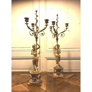 Pair Of Ormolu And White Marble Candelabra With Fauns And Musical Attributes