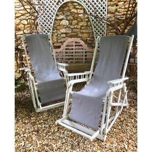 Pair Of Liner Deckchairs In Painted Wood Circa 1920