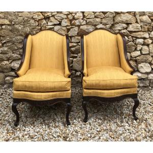 Pair Of Louis XV Style Walnut Bergères With Ears