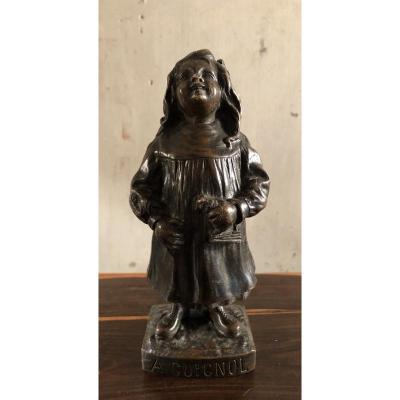 Girl "a Guignol" Patinated Bronze Circa 1900
