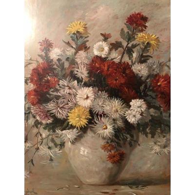 Bouquet Of Dahlias, Chrysanthemums, Daisies In A Vase