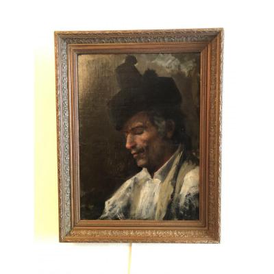 Oils On Canvas "man With Hat" Italy XIX ° Century