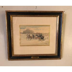 Crafty "car Doubling A Coupling" Watercolor Late XIXth Century