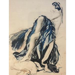 “veiled  Nudity” Signed Drian (adrien Désiré étienne) Drawing Gouache Or Watercolor And Pencil