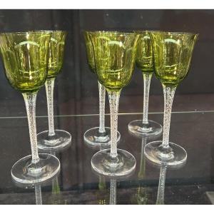 Lalique France Six Roemer Green Glasses With Engraved Stems Model Phalsbourg