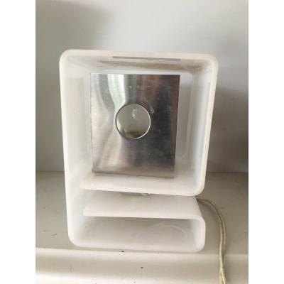 Lamp Cube Moinier Creation In White Plexiglass And Inox Circa 1970