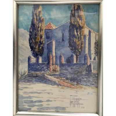 Watercolor Christmas Pichot Lyonnaise School 1931 "la Chapelle Aux Cypres"