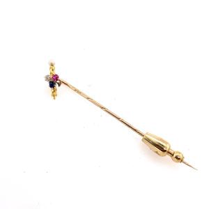 Antique 15k Yellow Gold Pin Set With Ruby, Sapphire, Pearl And Diamond