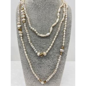 58 Inch Long Freshwater Pearl Necklace With 14-9 Carat Gold Nuggets