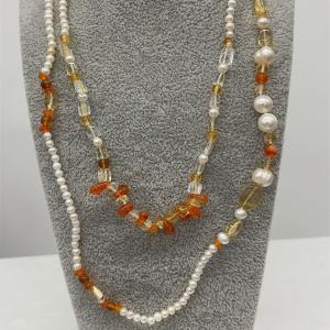 Vintage Pearl Necklace With Amber And Polished Crystal