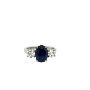3 Stone Platinum Ring Set With 3.21ct Natural Oval Sapphire And 2 Diamonds