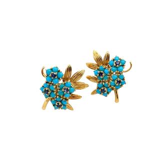 Vintage 18k Yellow Gold Turquoise And Sapphire Earrings